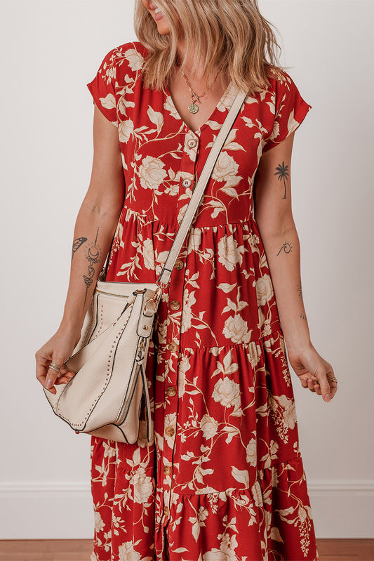 Red Floral Print Buttoned Front V Neck Tiered Short Sleeve Midi Dress