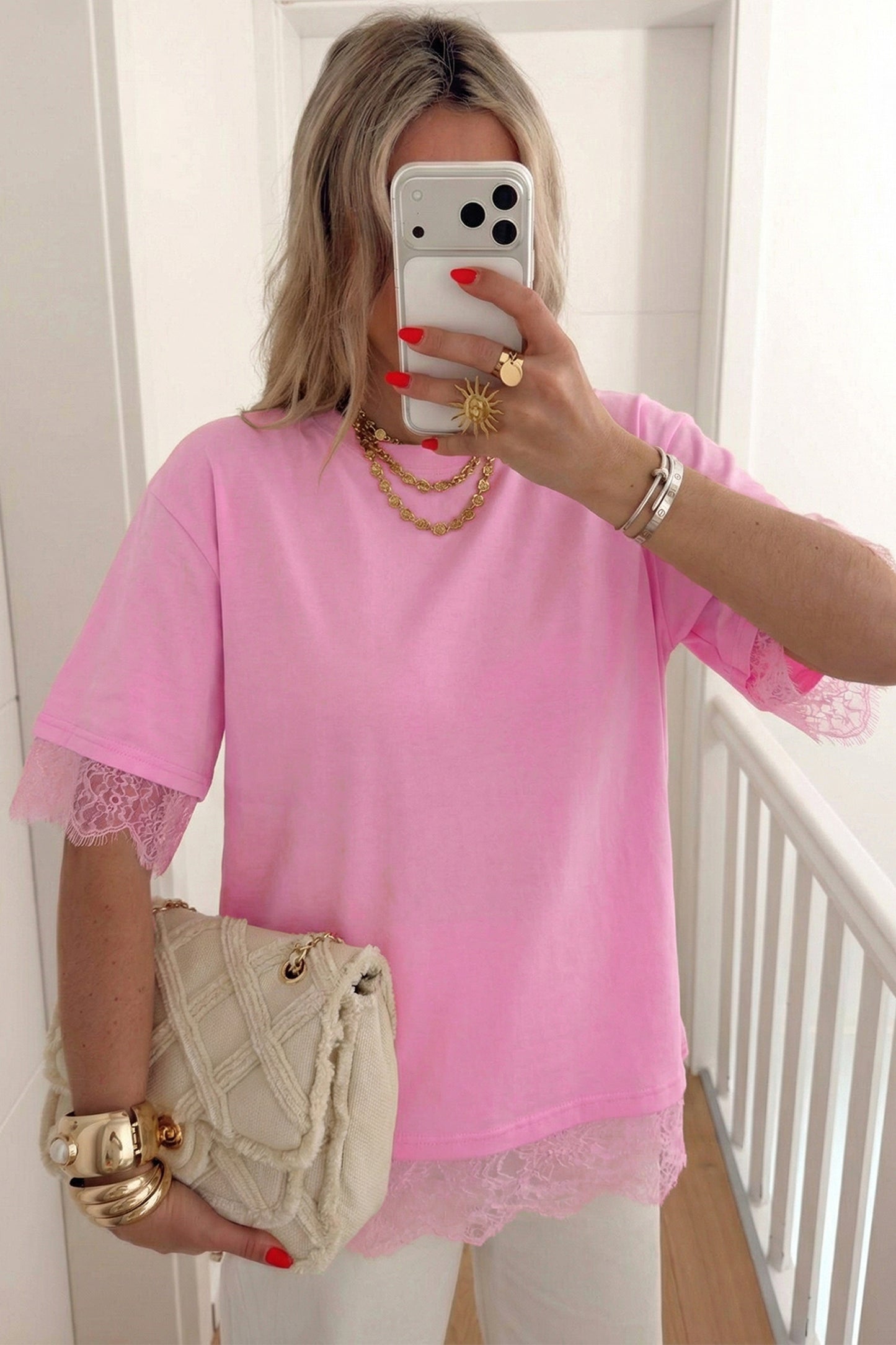 Pink Eyelash Floral Lace Patchwork Half Sleeve Oversize Tee