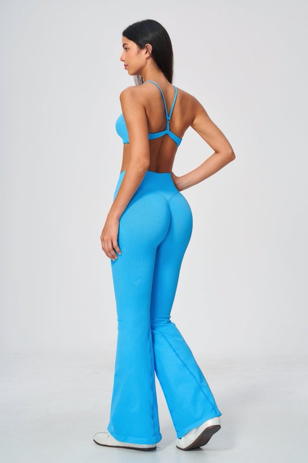 Criss Cross Strap V Neck Bra & Flared Leggings Set