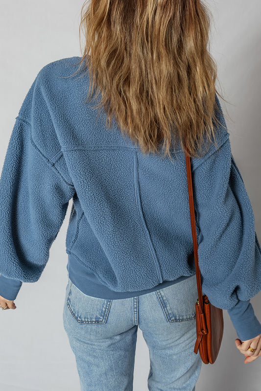 Sail Blue Fleece Drop Shoulder Exposed Seam Patchwork Casual Sweatshirt