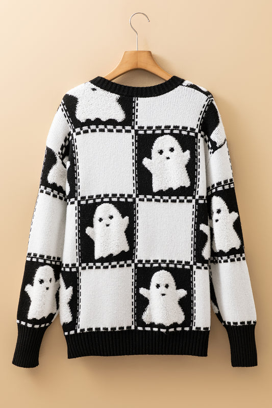 Black Halloween Ghost Checkered Drop Shoulder Sweater