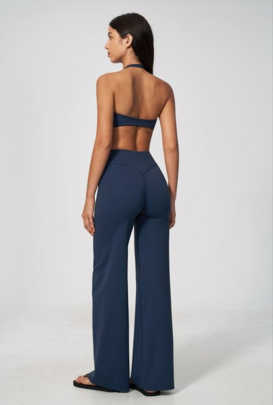 Halter Neck V Neck Crop Top & Wide Leg Pants Set