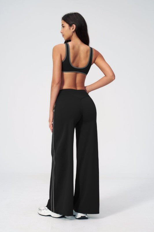 Piped V Neck Sporty Bra & Wide Leg Palazzo Pants Set