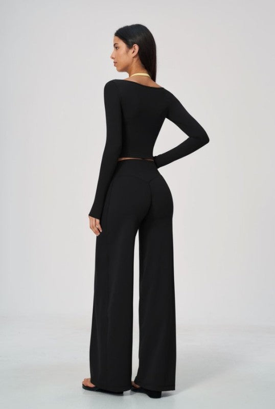 Square Neck Long Sleeve Crop Top & Wide Leg Pants Set