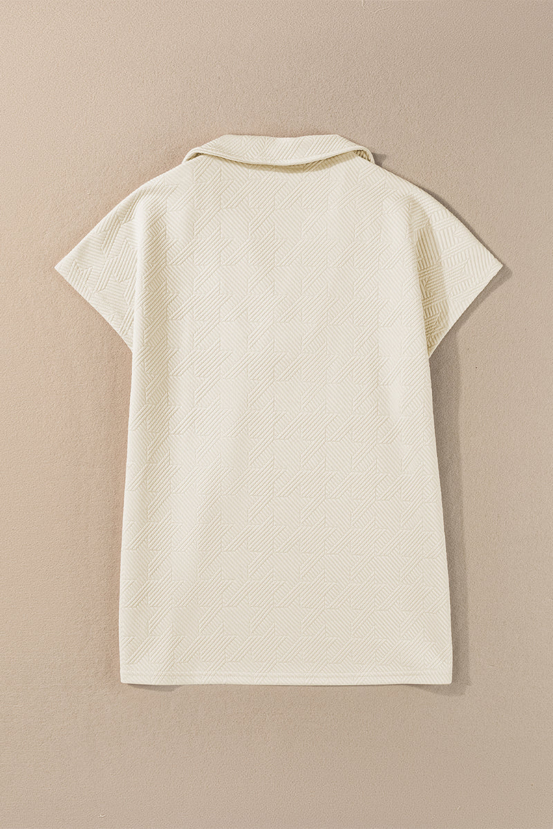 Apricot Textured V Neck Collared Short Sleeve Top