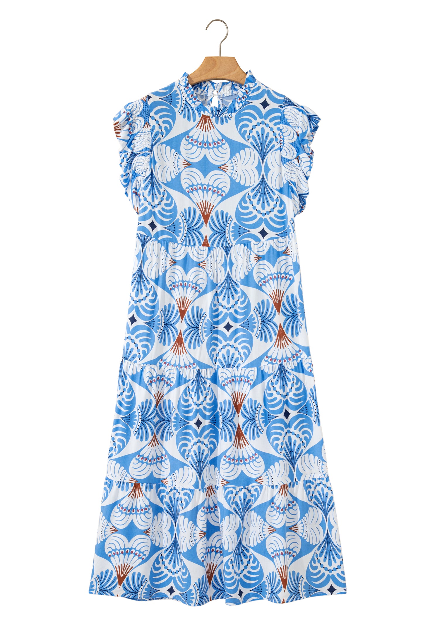 Sky Blue Tropical Botanic Print Flutter Sleeve Vacation Long Dress