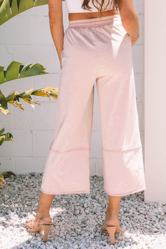 Pink Flower Patch Mineral Washed Terry Knit Cropped Wide Leg Pants