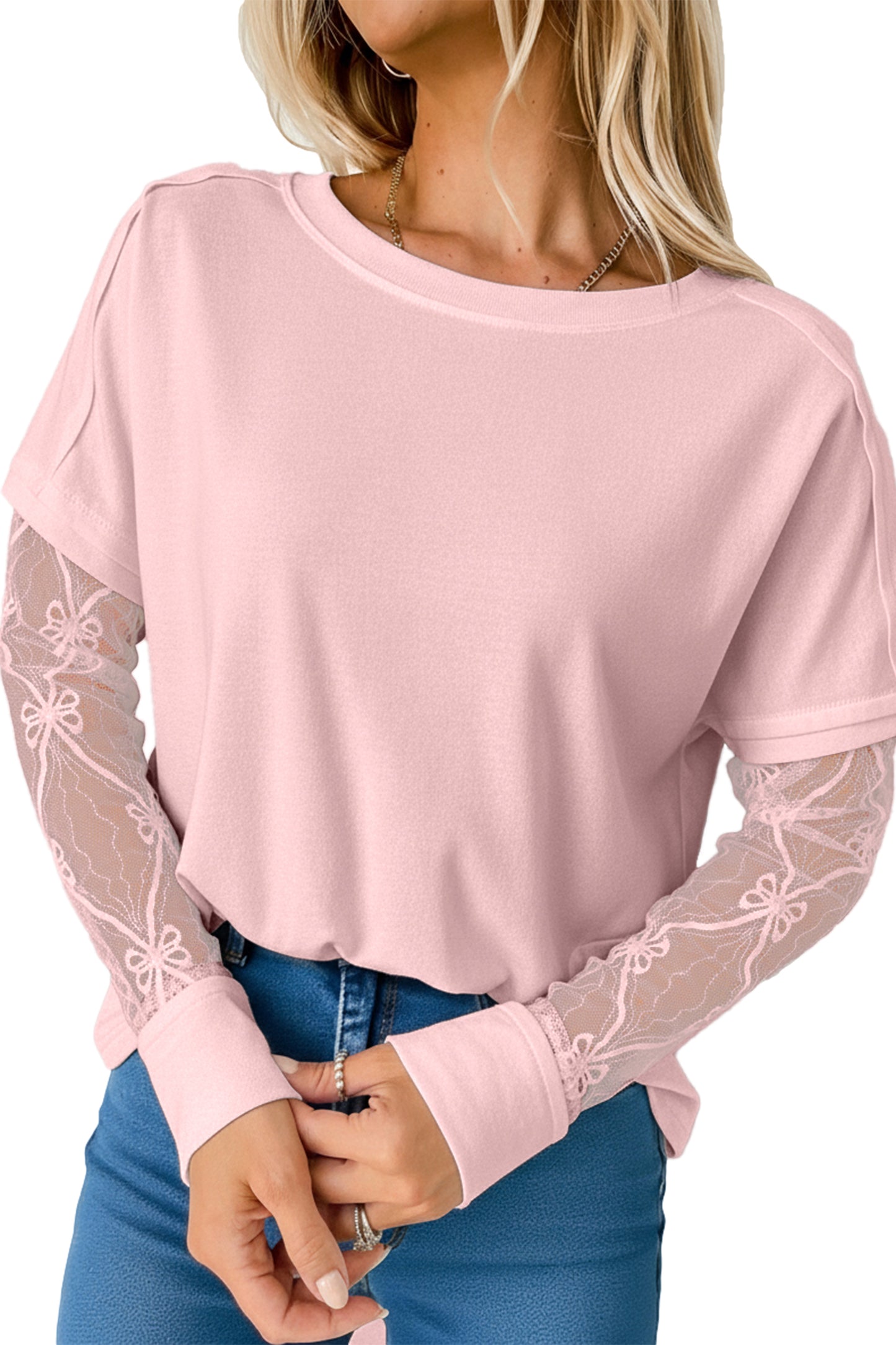 Light Pink Solid Color Bow Textured Patchwork Long Sleeve Tee