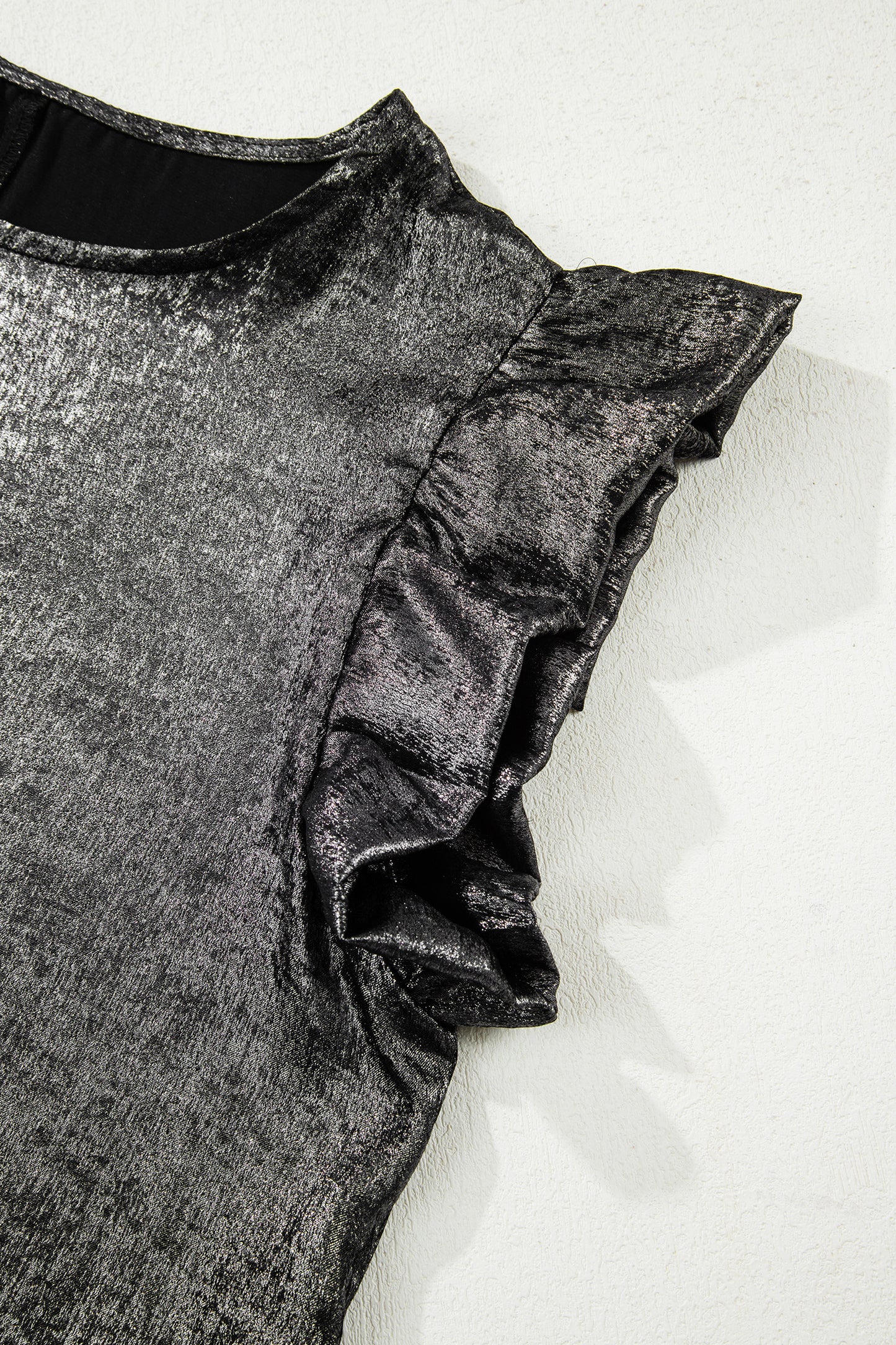 Silvery Metallic Round Neck Ruffle Trim Sleeveless Top