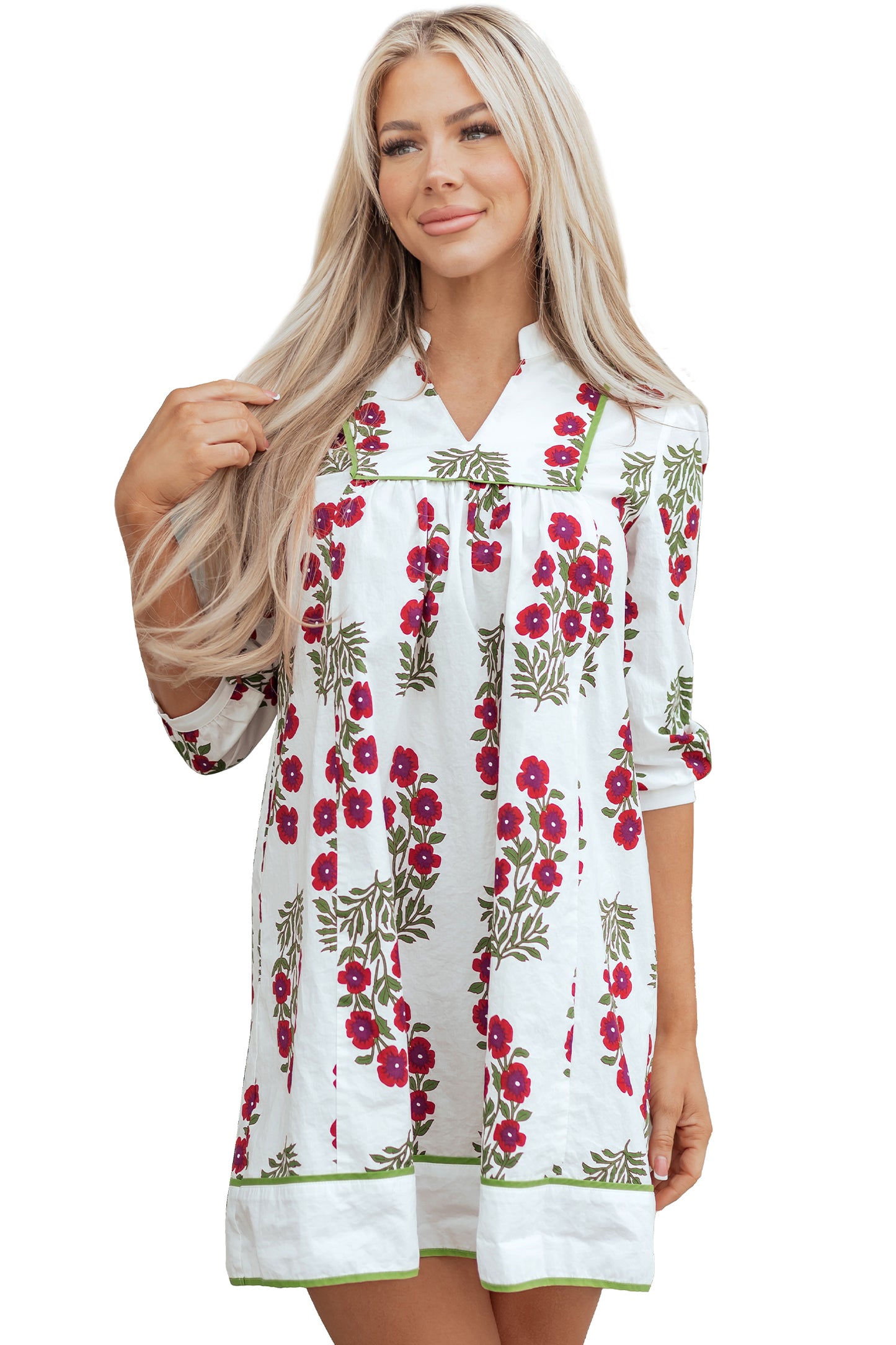 White Frilled V Neck 3/4 Sleeve Loose Floral Dress