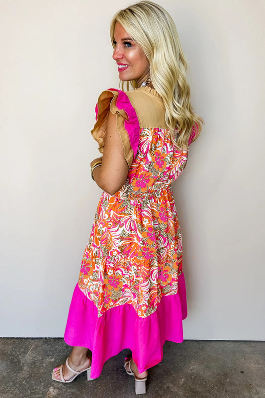 Rose Floral Print Color Block Ruffled Short Sleeve Flared Midi Dress
