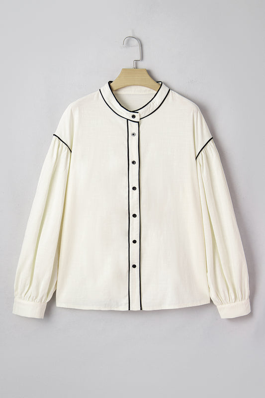Beige Contrast Color Trim Button Down Long Puff Sleeve Shirt