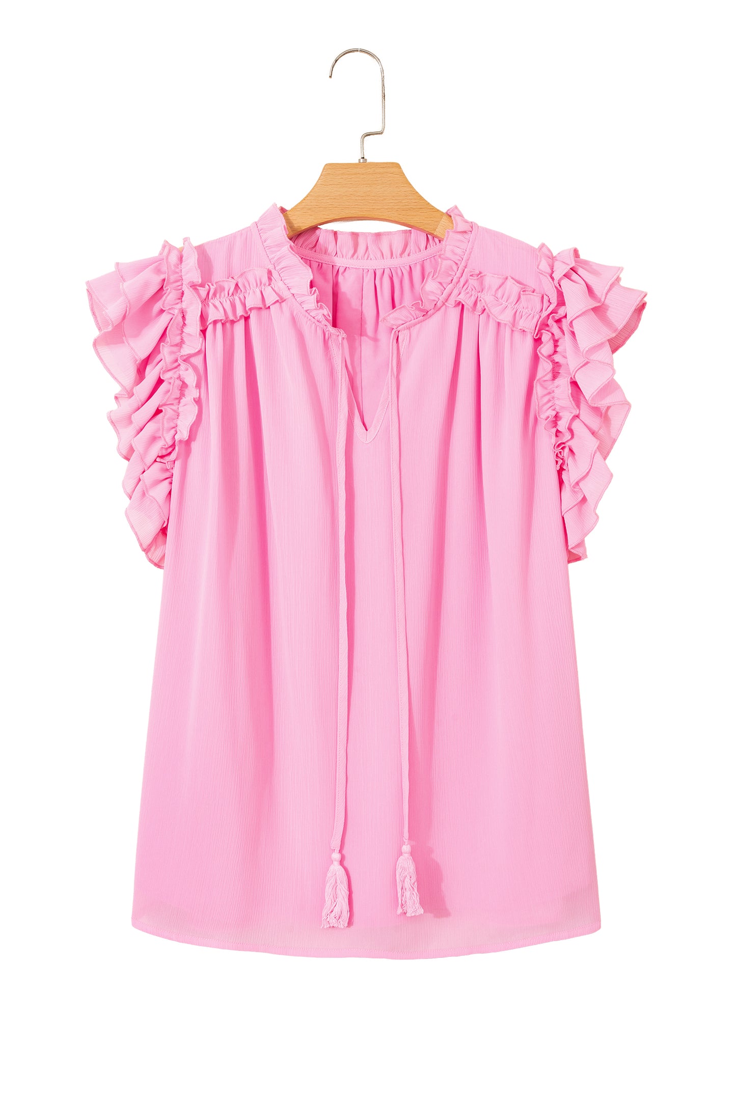 Bonbon Plus Size Textured Tassel Tie V Neck Ruffle Short Sleeve Blouse