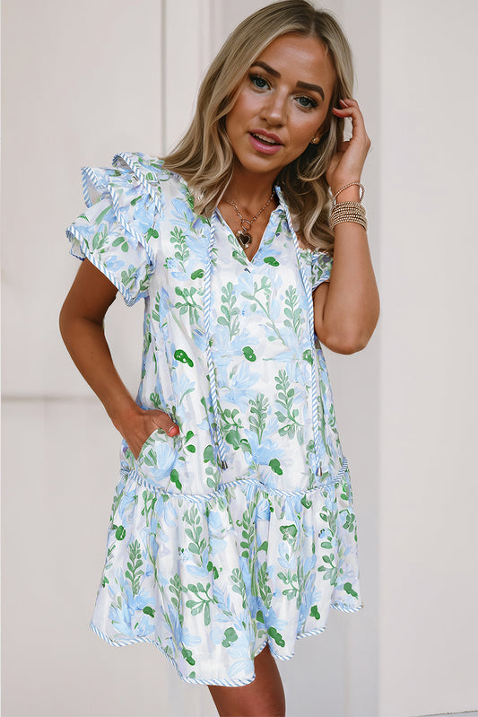 Sky Blue Floral Contrast Edge Layered Short Sleeve Mini Dress