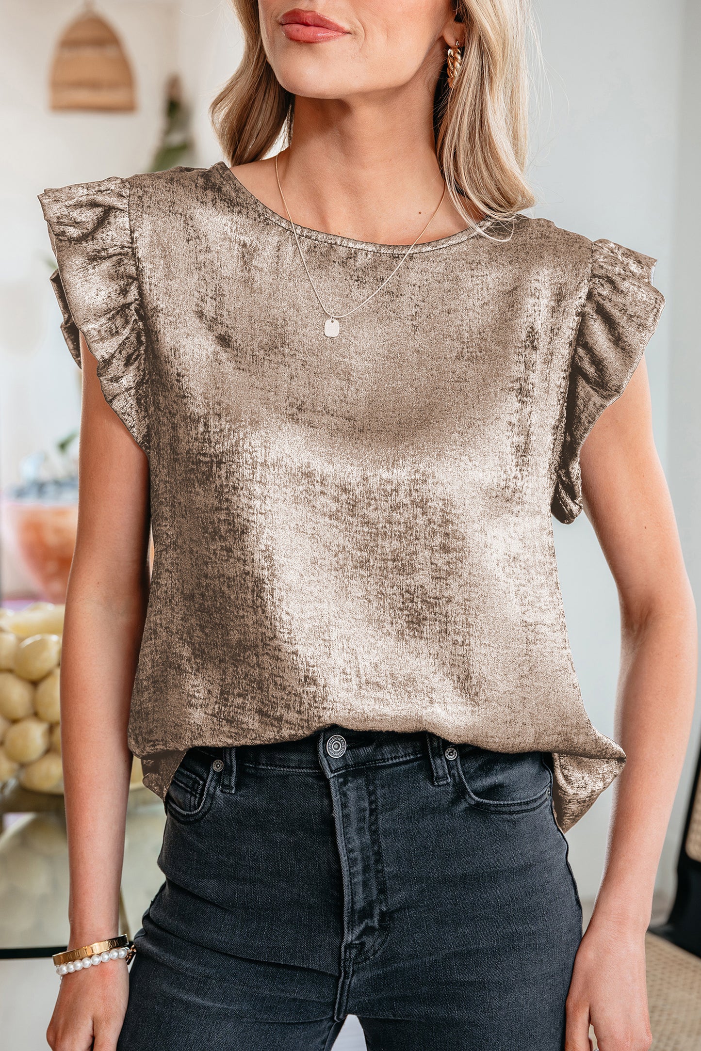 Gold Metallic Round Neck Ruffle Trim Sleeveless Top