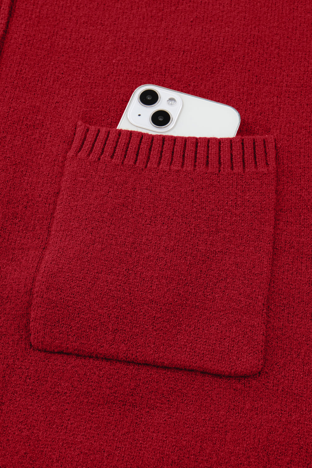 Fiery Red Ribbed High Neck Front Pockets Center Seam Shift Sweater Dress