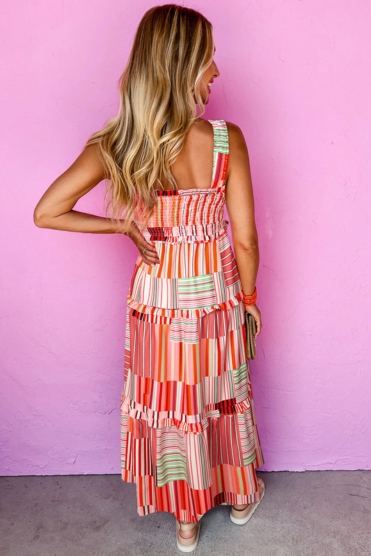 Carrot Mix Striped Wide Straps Smocked Tiered Maxi Dress