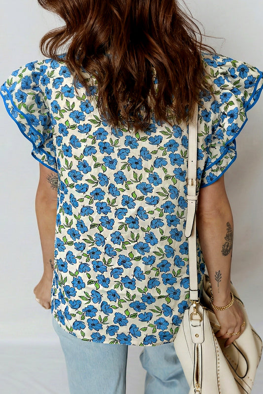 Sky Blue Tiered Flutter Sleeve Pleated Flower Blouse