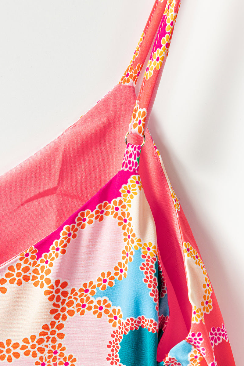 Pink Floral Print Spaghetti STraps Flowy Midi Dress