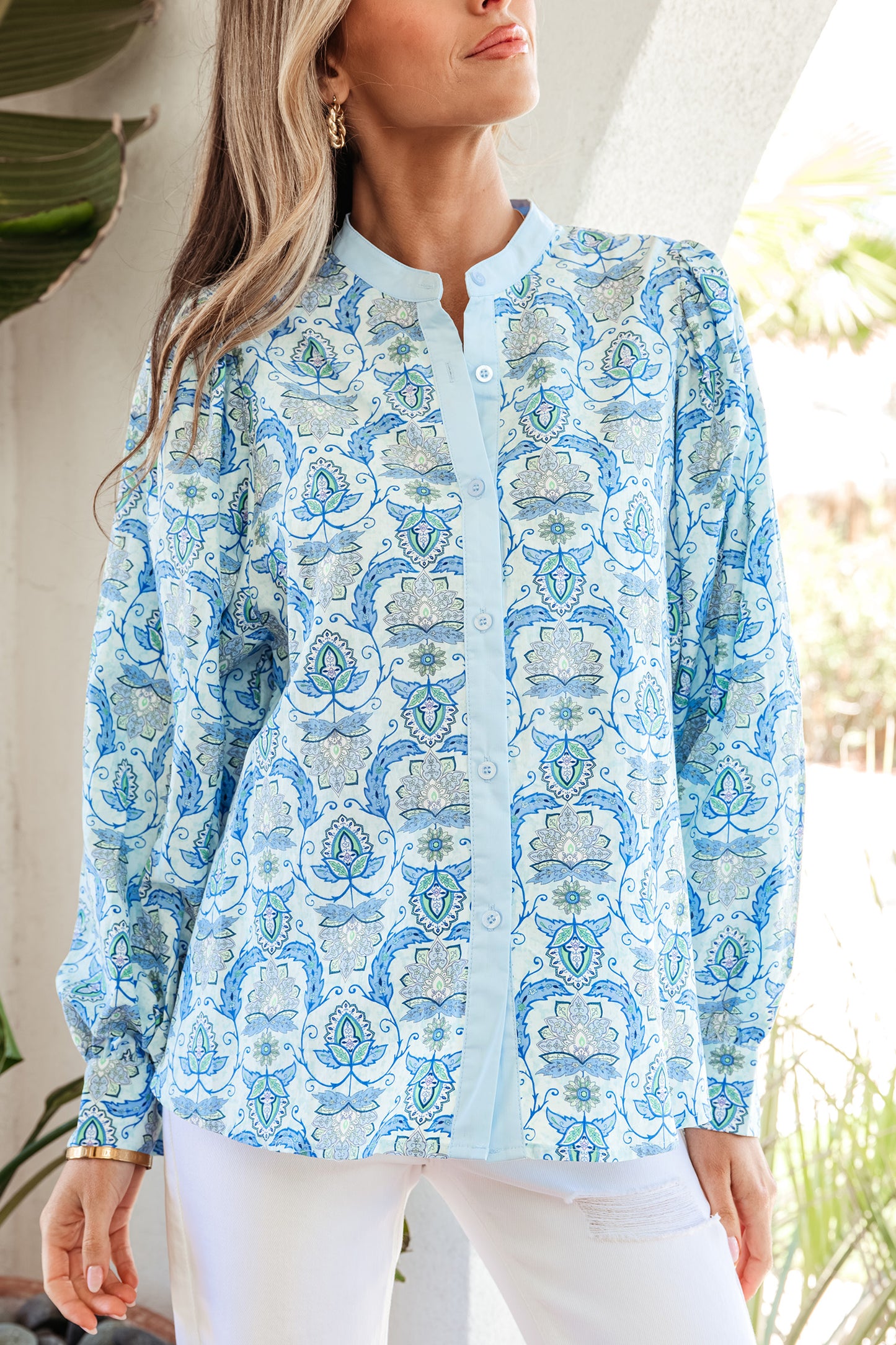 Sky Blue Paisley Print Puff Sleeve Loose Shirt