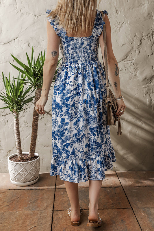 Blue Floral Ruffle Strap Square Neck Smocked Bodice Midi Dress