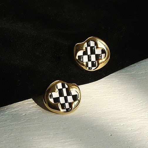 Black And White Lattice Earring| 18k Gold Plated Brass