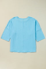 Aruba Blue Crinkled Bracelet Sleeve Flowy Blouse