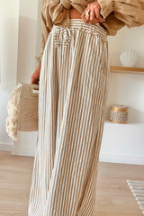 Khaki Stripe Plus Size Drawstring High Waist Wide Leg Pants