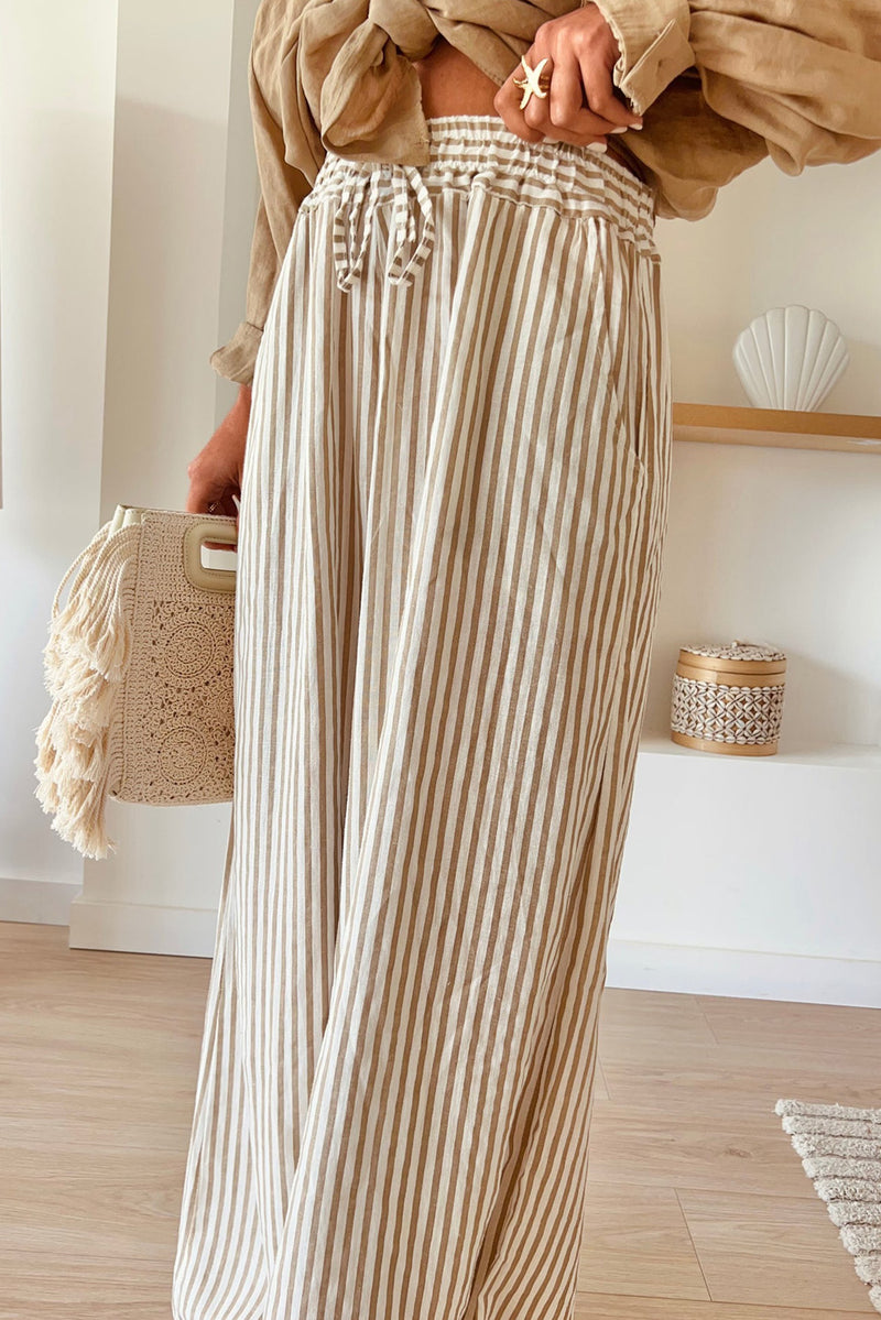 Khaki Stripe Plus Size Drawstring High Waist Wide Leg Pants