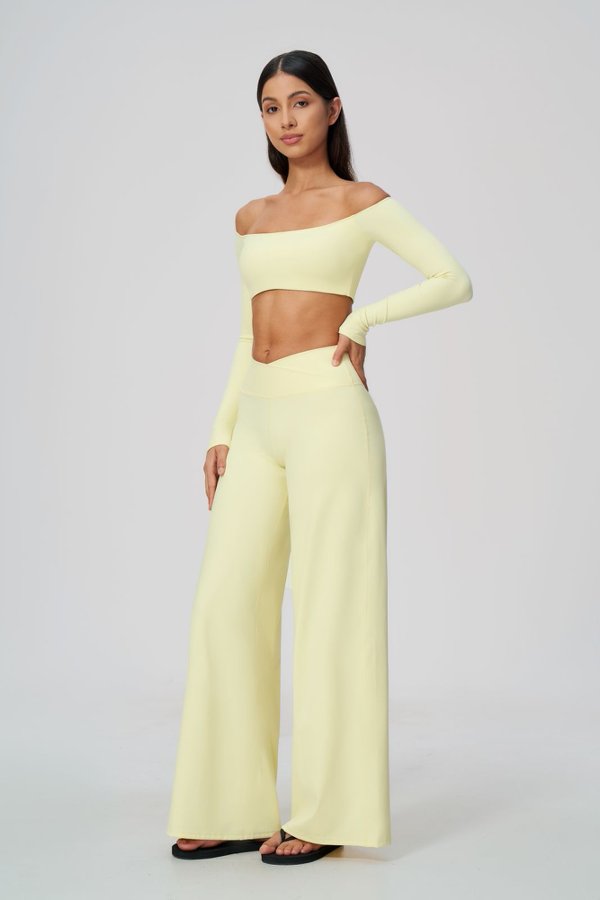 Off-Shoulder Long Sleeve Crop Top and High Waisted Wide Leg