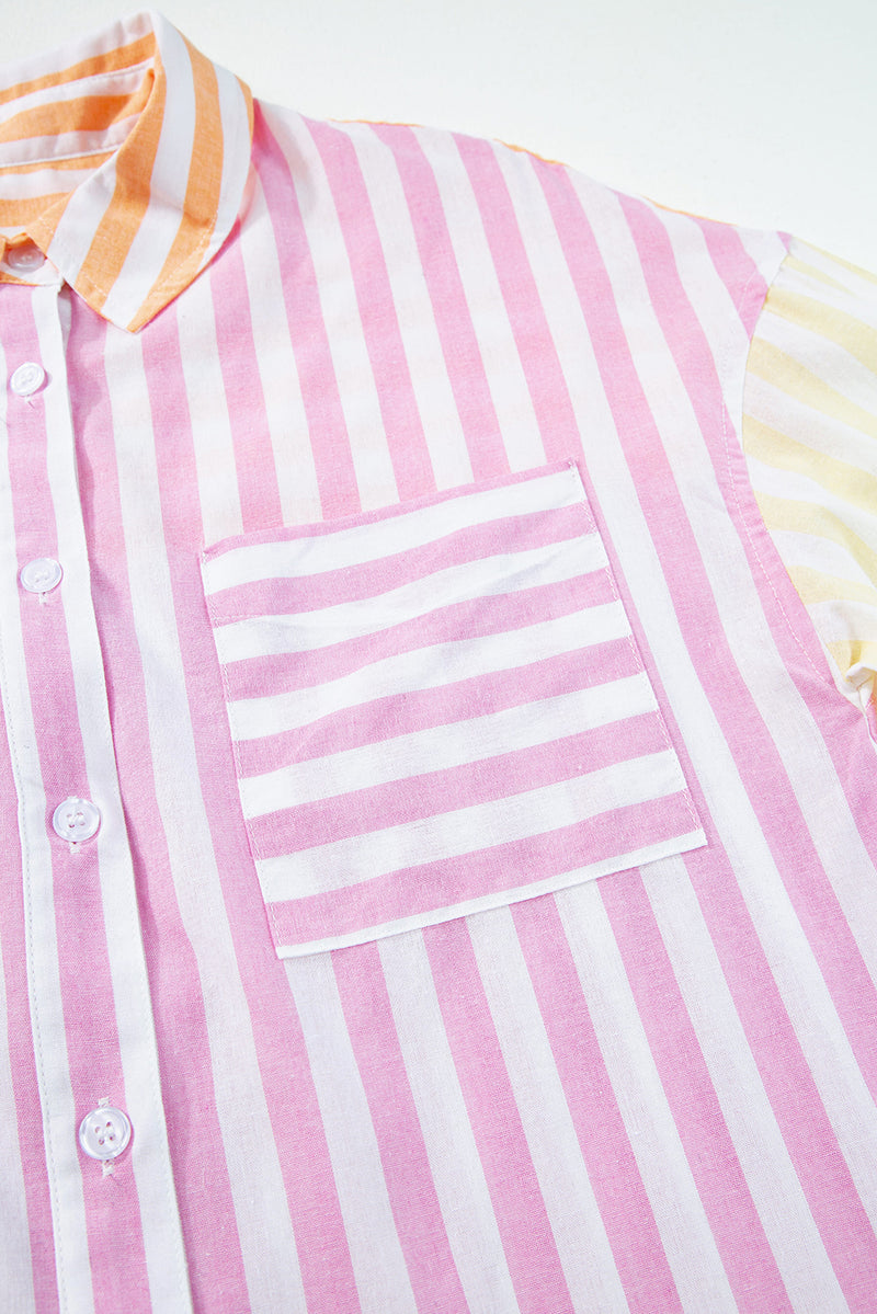 Pink Stripe Contrast Collar Long Sleeve Patchwork Shirt