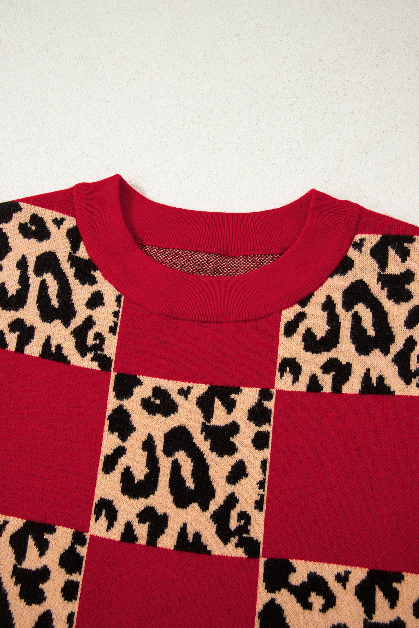 Red Leopard Checkerboard Short Sleeve Knit Sweater