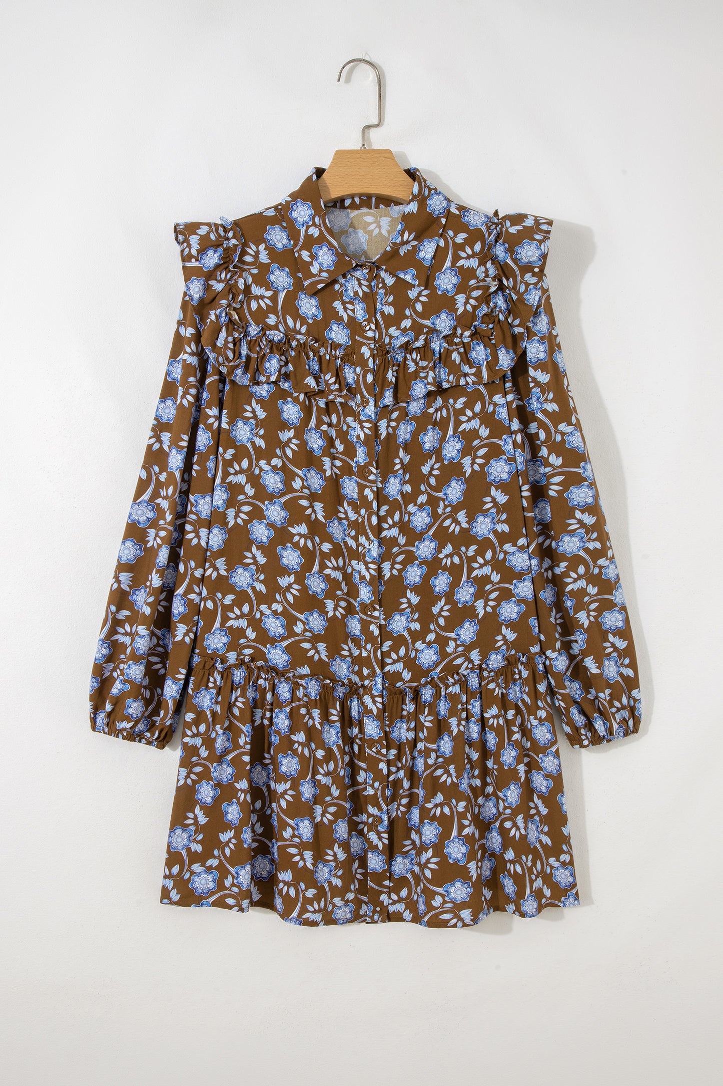 Brown Floral Print Ruffled Detail Shirt Collar Button Down Long Sleeve Dress