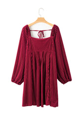 Red Tie Back Square Neck Velvet Babydoll Dress