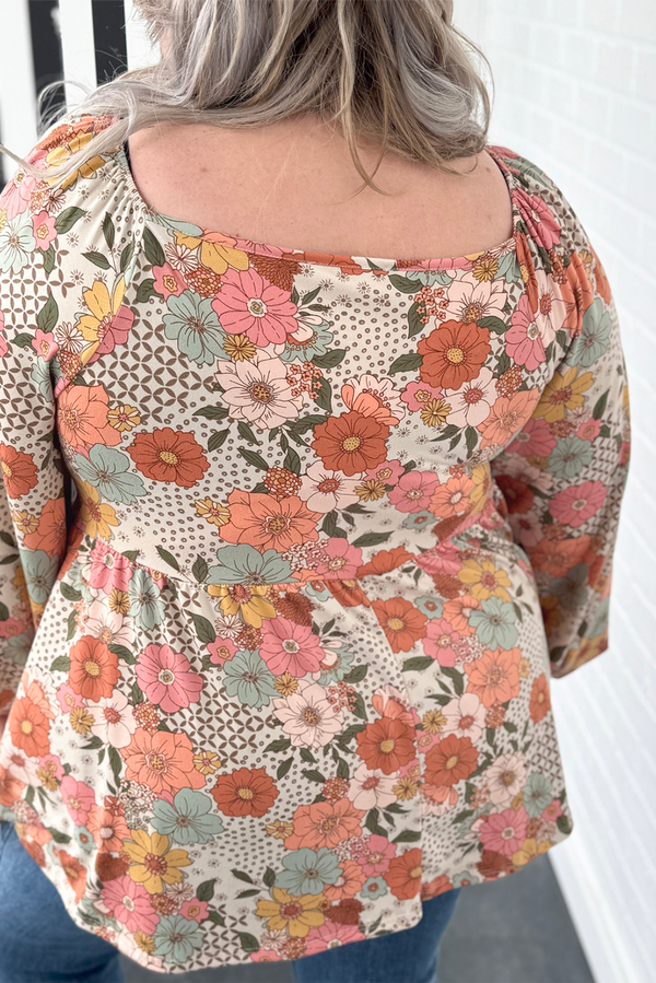 Khaki Plus Size Flower Print Square Neck Peplum Blouse