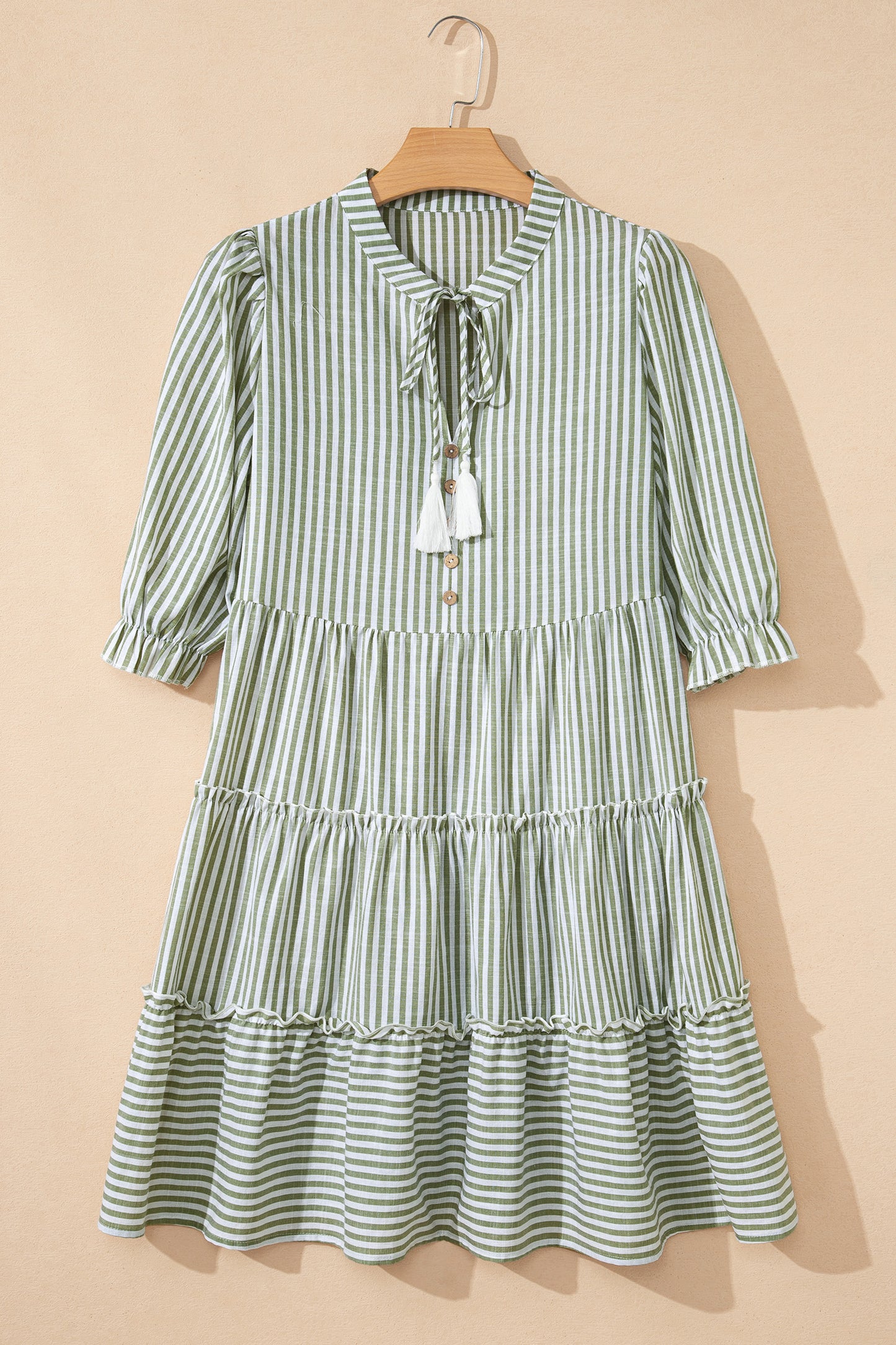 Green Stripe Tasseled Tie Neck Ruffled Short Sleeve Tiered Flattering Dress