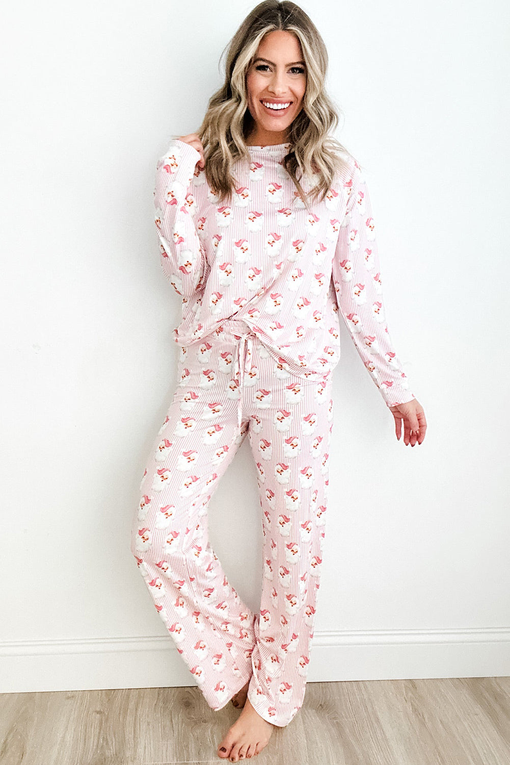 Pink Santa Claus Striped Print Loose Fit Two Piece Lounge Set