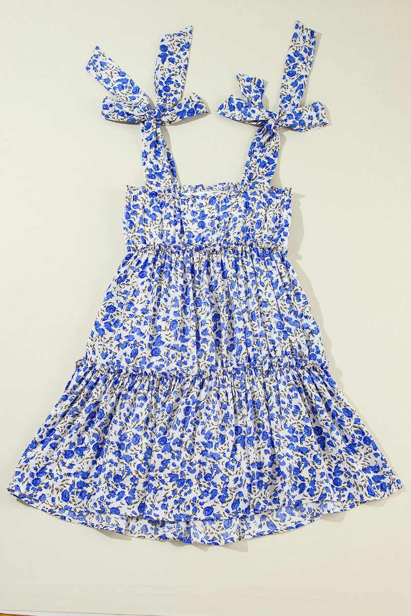 Blue Rose Floral Knotted Straps Tiered Babydoll Dress