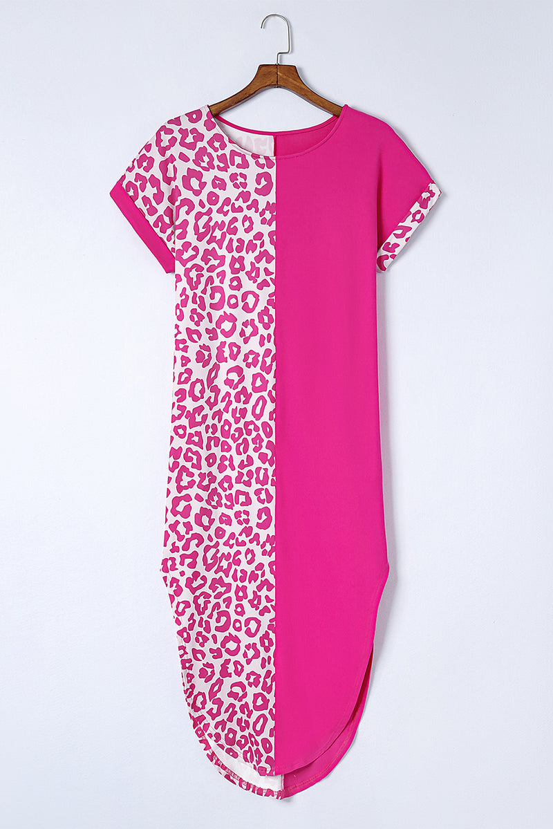 Rose Contrast Solid Leopard Short Sleeve T-shirt Dress with Slits