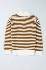 Khaki Stripe Zip up Collar Drop Shoulder Sweater