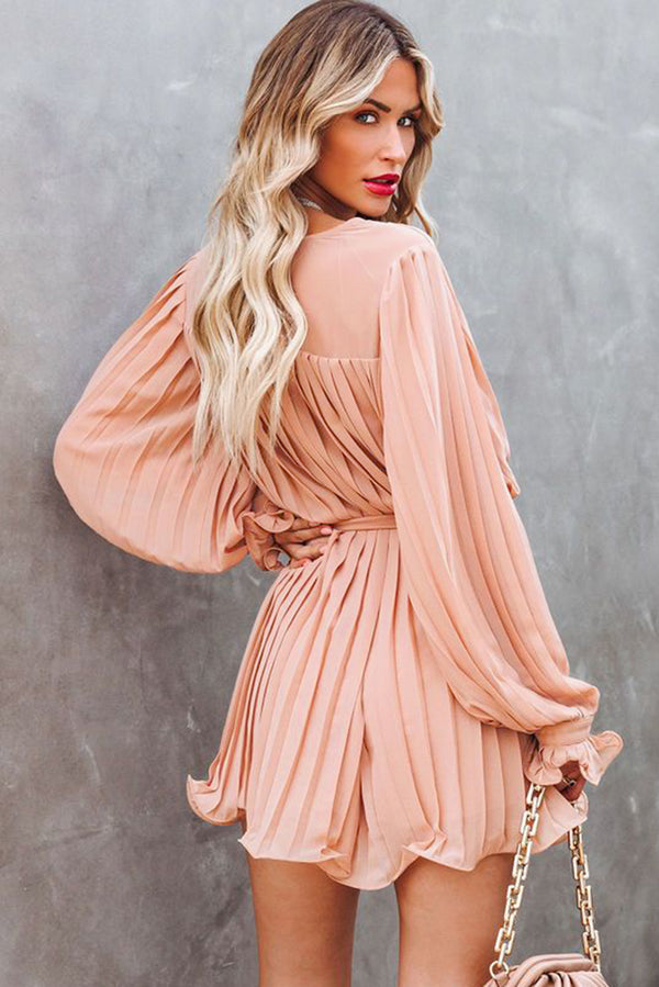 Pink Pleated Ruffled Tie Waist Buttons V Neck Romper