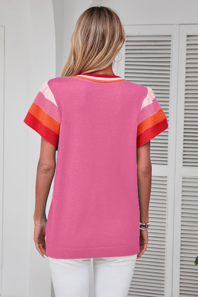 Bright Pink Contrast Flutter Sleeves Knitted Sweater T Shirt