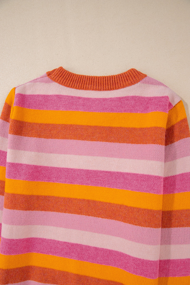 Orange Color Block Ribbed Edge Round Neck Sweater