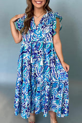 Sky Blue Plus Abstract Print Split Neck Ruffled Sleeve Tiered Long Dress