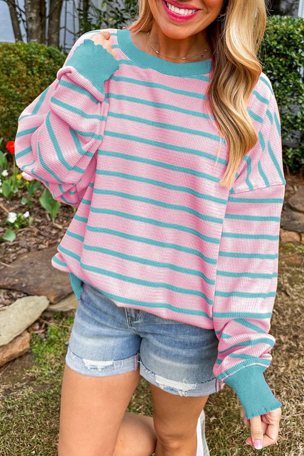 Pink Stripe Trimmed Round Neck Drop Shoulder Loose Sweater