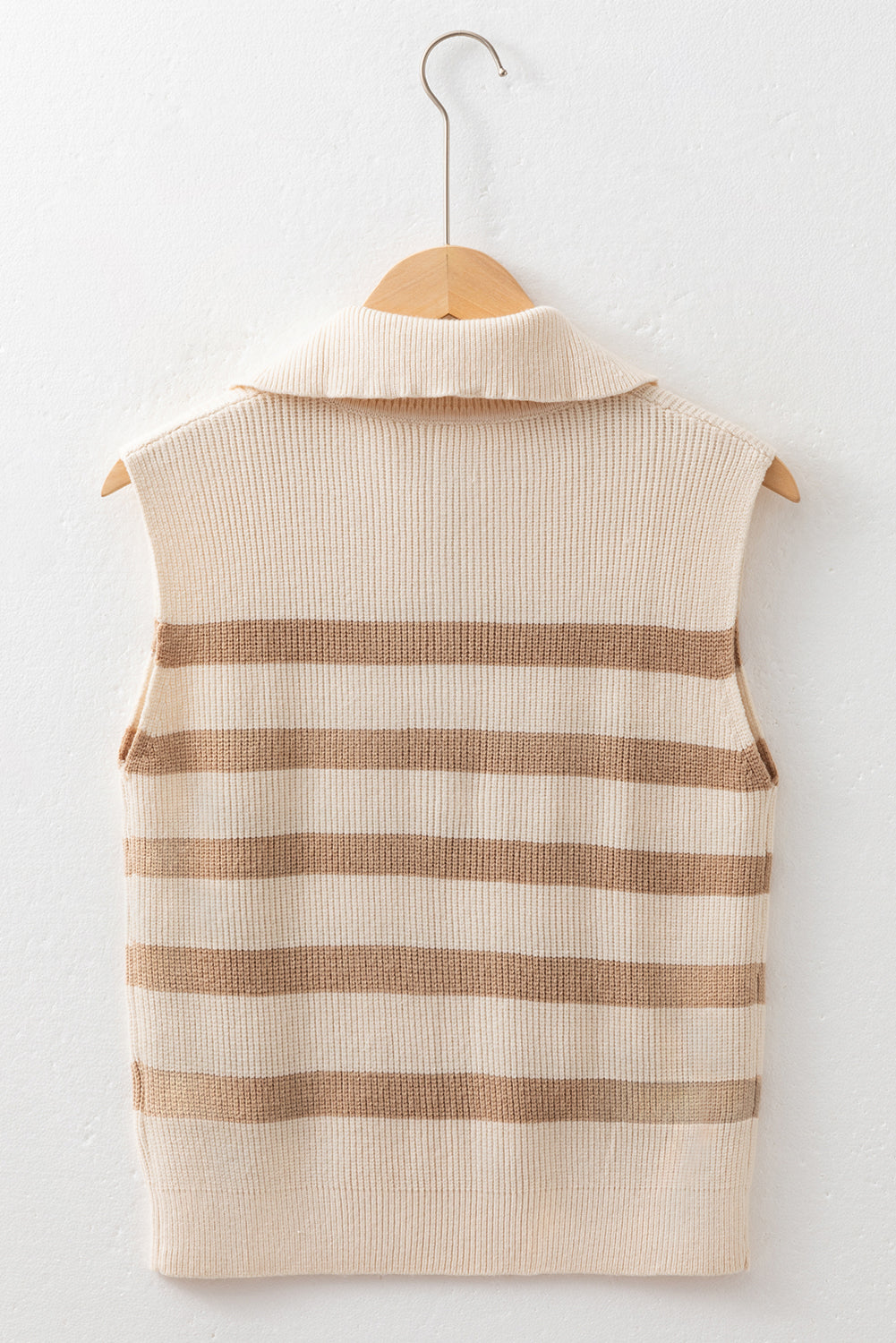 Khaki Stripe Ribbed Half Zip Collared Sweater Vest