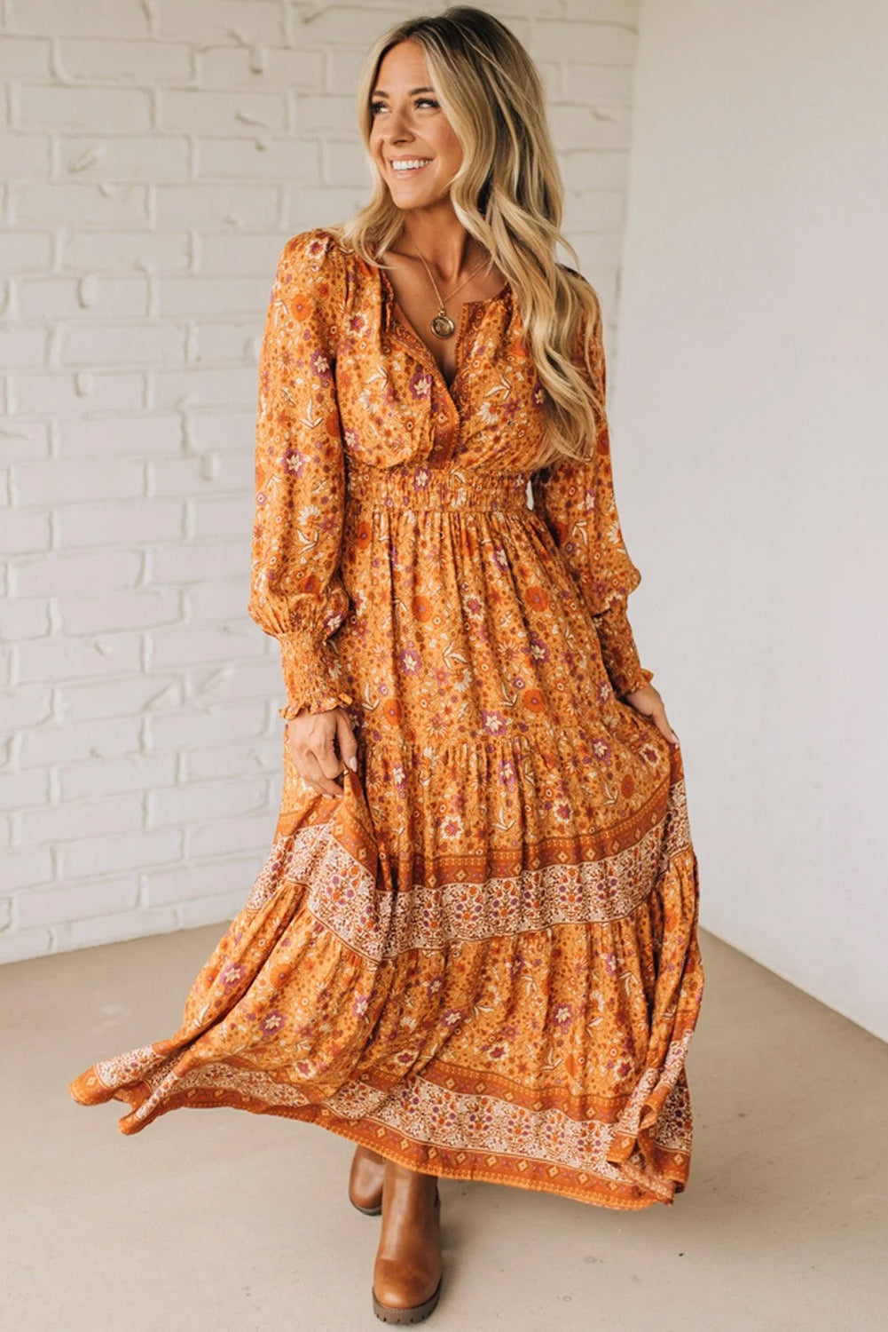 Orange Floral Print Smocked Waist Long Sleeve Boho Maxi Dress