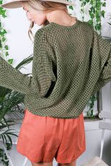 Vineyard Green Open Knit Buttoned Neck Split Sleeve Sweater