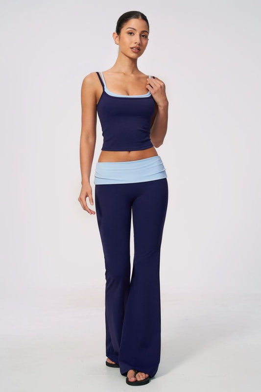 Faux Layered Neckline Top & Flared Leggings Set