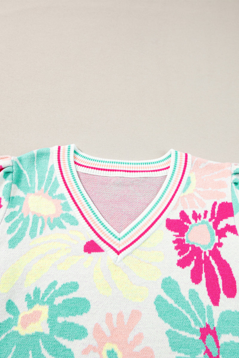 Multicolour Floral Print V Neck Short Sleeve Sweater